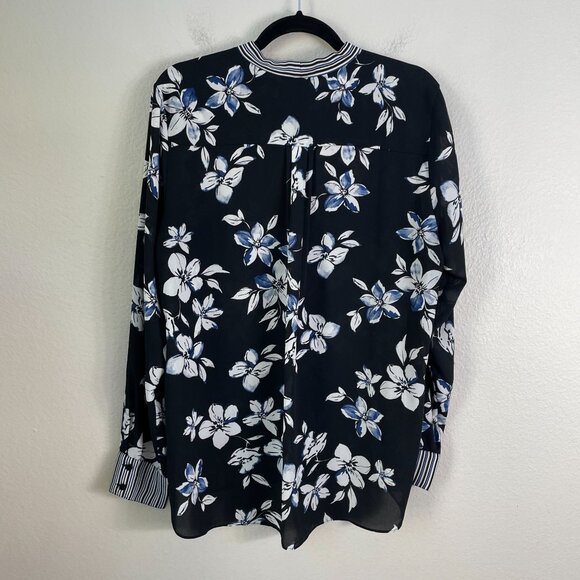 Nydj Womens Large Blue White Black Floral Tie Neck Blouse Long Sleeve Shirt Top - Picture 9 of 11